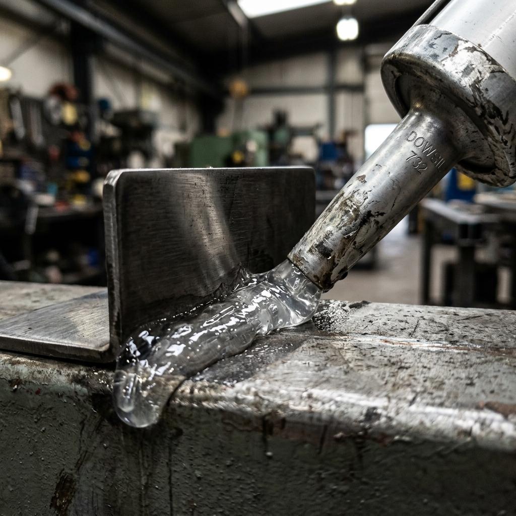 A bead of clear adhesive drawn across a substrate under raking light