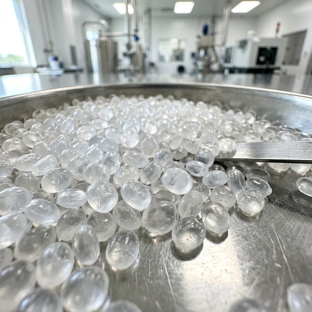 Translucent polyethylene pellets flowing from a hopper on a compounding line