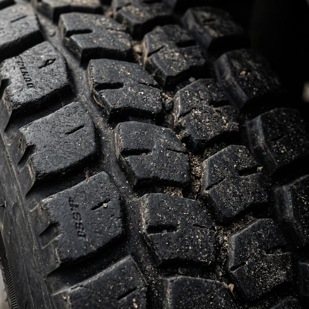 Close-up of a truck tyre tread pattern showing the compounded rubber surface