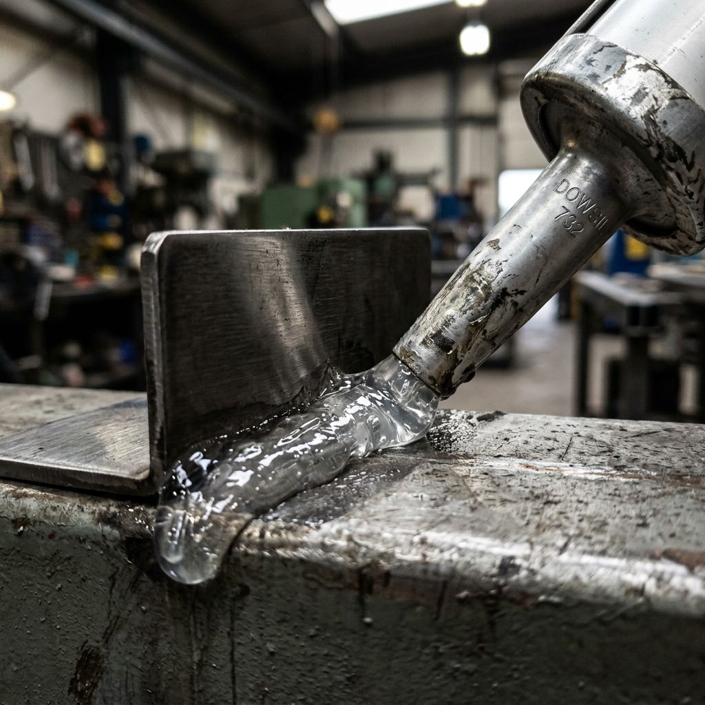 A bead of clear adhesive drawn across a substrate under raking light